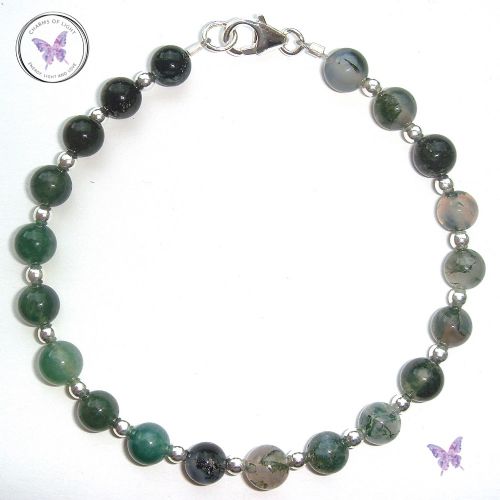 Moss Agate Silver Bead Bracelet